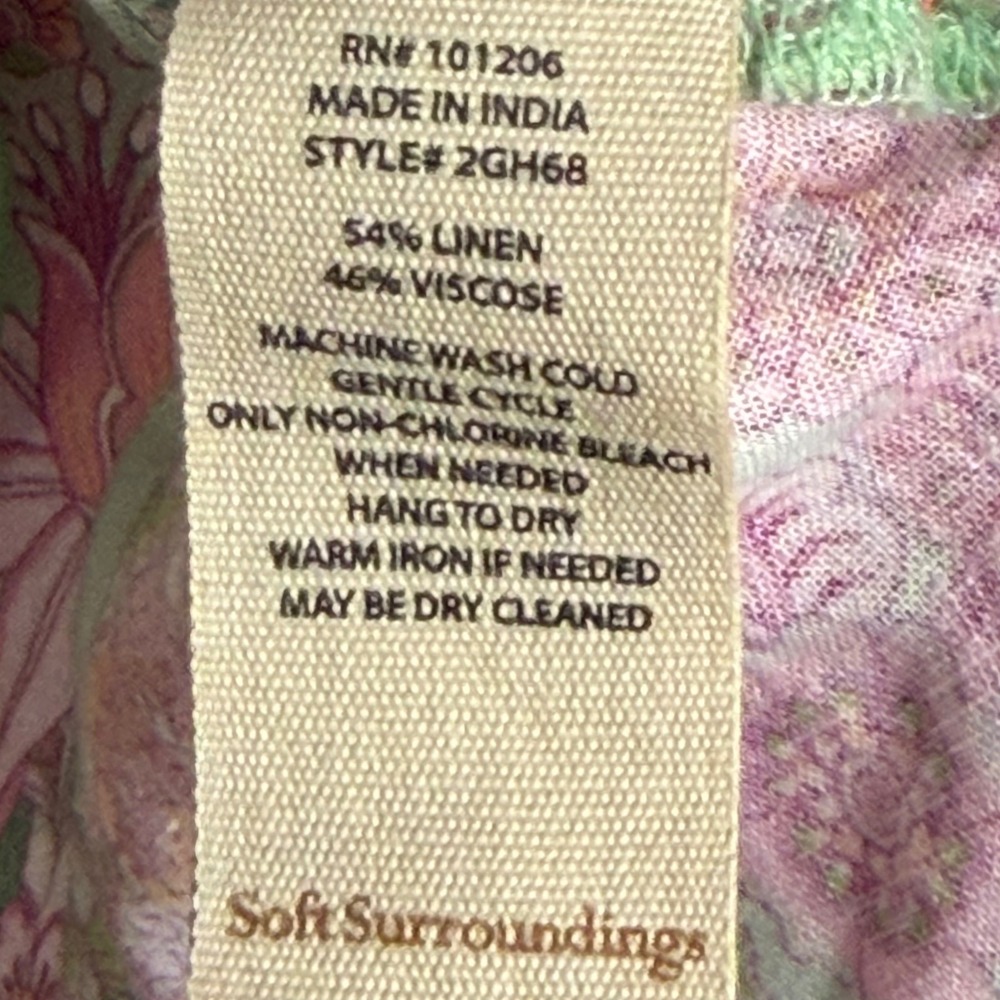 Soft Surroundings Paige Linen Blend Top Womens M Green Floral Ruffle Boho Beach - Picture 4 of 7